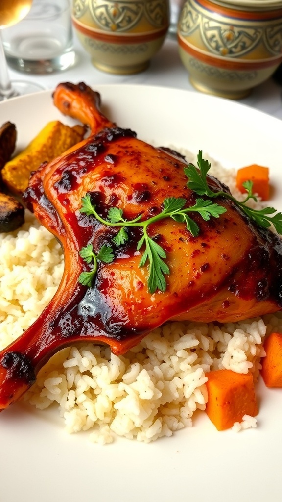 Duck with Henna Marinade Recipe Roasted duck breast with henna marinade, served with rice and vegetables, garnished with herbs.